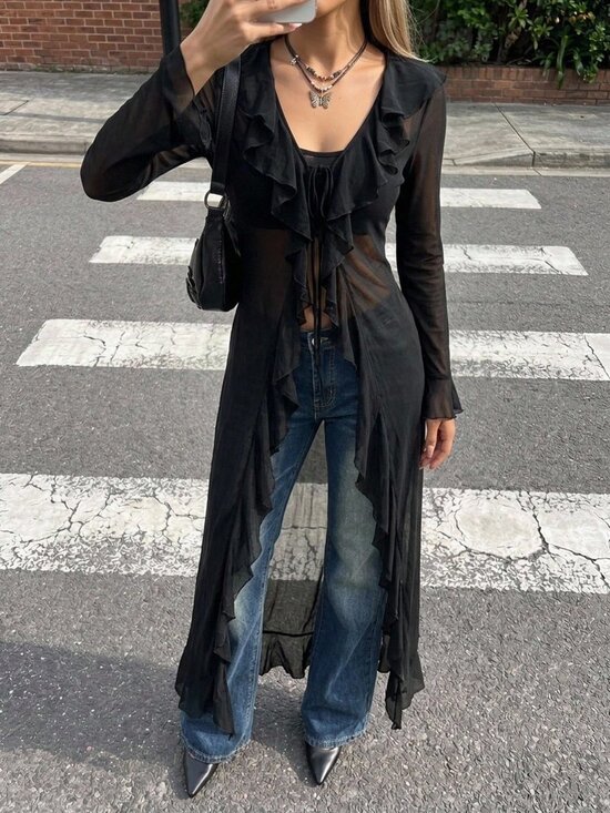 Tops - Black Casual Women's Y2k Elegant Ruffle Tie Long Sleeve Sheer Jacket